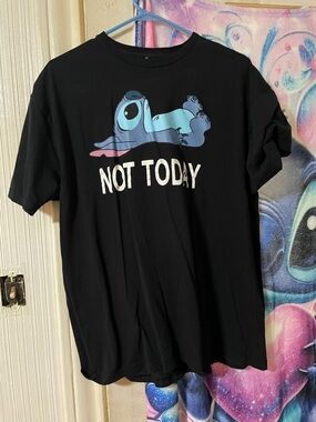 Black 'Not Today' Graphic Tee with Blue Cartoon Character